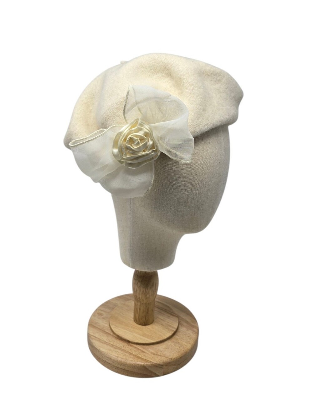 Vintage Ultra Basque Wool Beret Hat With Bow & Satin Rosette One Size Cream